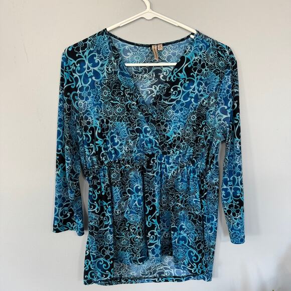 Susan Lawrence Blue & Black Wrap Upper Floral Top Size Medium Spandex Blend - Picture 1 of 7